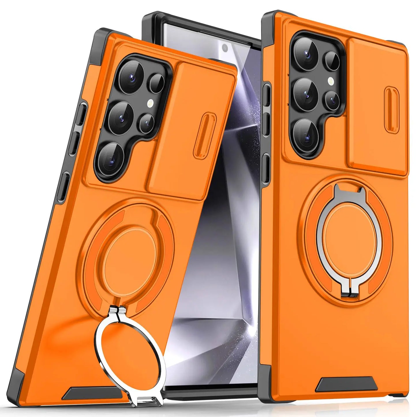 OREKROY Shockproof Magnetic Case with Sliding Camera Lens Protector and Rotating Ring Holder for Samsung Galaxy S21/S22/S23/S24/S25/S26 Ultra