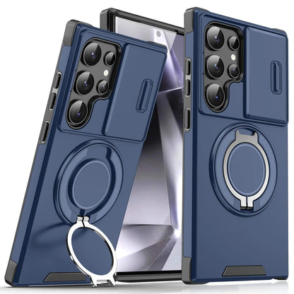 OREKROY Shockproof Magnetic Case with Sliding Camera Lens Protector and Rotating Ring Holder for Samsung Galaxy S21/S22/S23/S24/S25/S26 Ultra