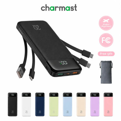 Charmast 20,000mAh Ultra-Slim Power Bank and Portable Charger – 20W Fast Charging with Integrated Cables for Smartphones, Tablets, and USB-C Devices – Travel-Friendly Rechargeable Battery Pack in Black