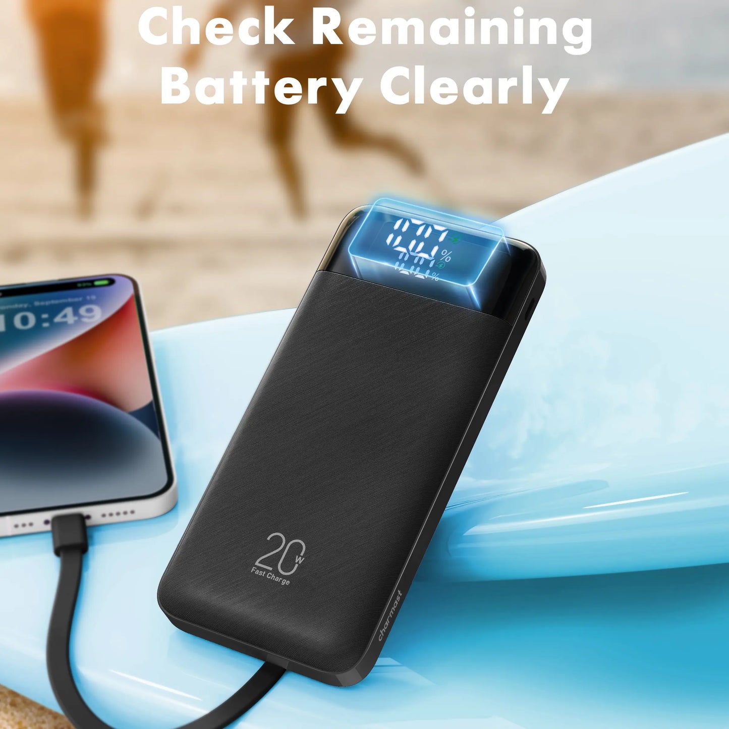 Charmast 20,000mAh Ultra-Slim Power Bank and Portable Charger – 20W Fast Charging with Integrated Cables for Smartphones, Tablets, and USB-C Devices – Travel-Friendly Rechargeable Battery Pack in Black