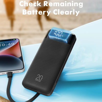 Charmast 20,000mAh Ultra-Slim Power Bank and Portable Charger – 20W Fast Charging with Integrated Cables for Smartphones, Tablets, and USB-C Devices – Travel-Friendly Rechargeable Battery Pack in Black