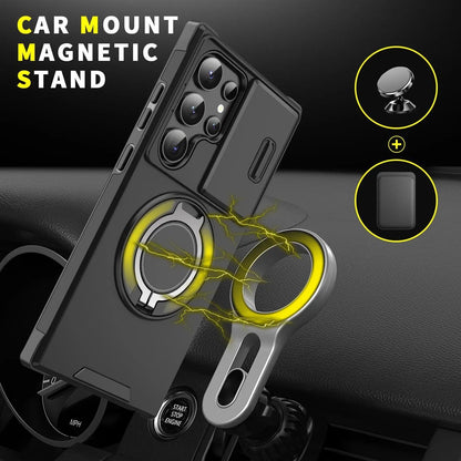 OREKROY Shockproof Magnetic Case with Sliding Camera Lens Protector and Rotating Ring Holder for Samsung Galaxy S21/S22/S23/S24/S25/S26 Ultra