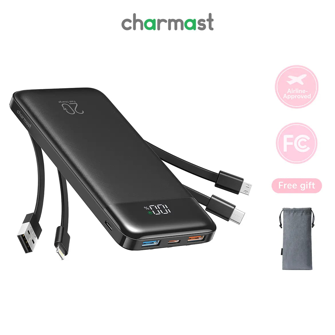 Charmast 20,000mAh Ultra-Slim Power Bank and Portable Charger – 20W Fast Charging with Integrated Cables for Smartphones, Tablets, and USB-C Devices – Travel-Friendly Rechargeable Battery Pack in Black