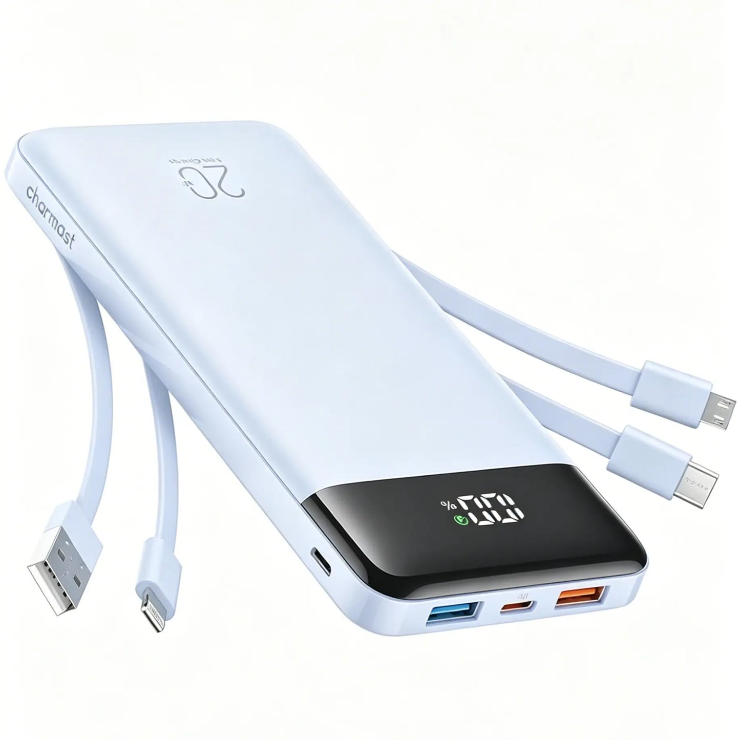 Charmast 20,000mAh Ultra-Slim Power Bank and Portable Charger – 20W Fast Charging with Integrated Cables for Smartphones, Tablets, and USB-C Devices – Travel-Friendly Rechargeable Battery Pack in Black