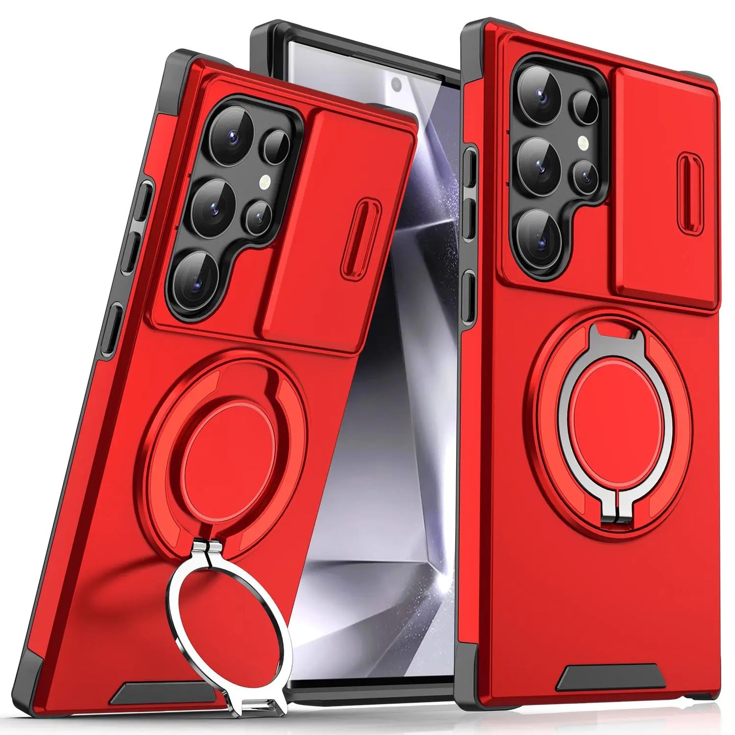 OREKROY Shockproof Magnetic Case with Sliding Camera Lens Protector and Rotating Ring Holder for Samsung Galaxy S21/S22/S23/S24/S25/S26 Ultra