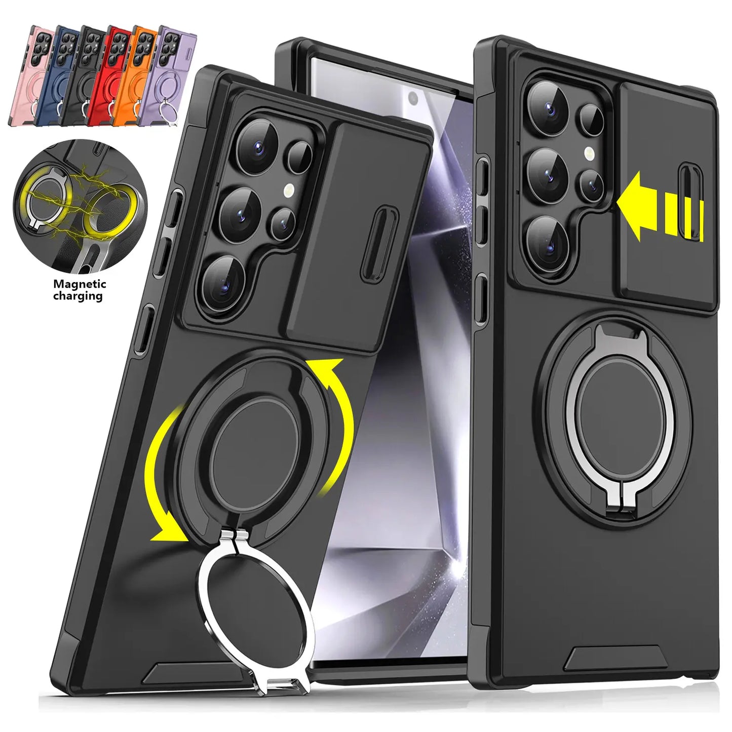 OREKROY Shockproof Magnetic Case with Sliding Camera Lens Protector and Rotating Ring Holder for Samsung Galaxy S21/S22/S23/S24/S25/S26 Ultra