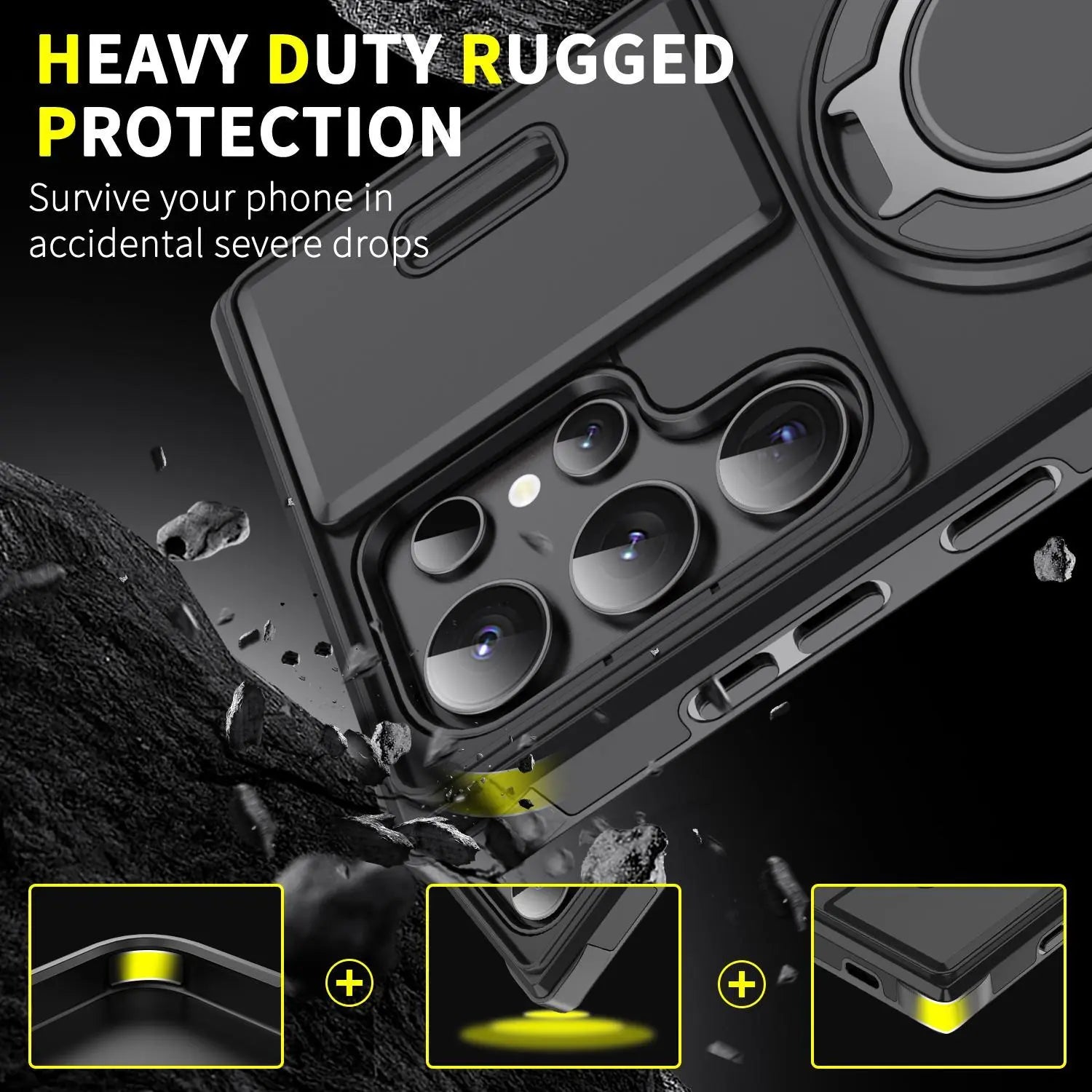 OREKROY Shockproof Magnetic Case with Sliding Camera Lens Protector and Rotating Ring Holder for Samsung Galaxy S21/S22/S23/S24/S25/S26 Ultra