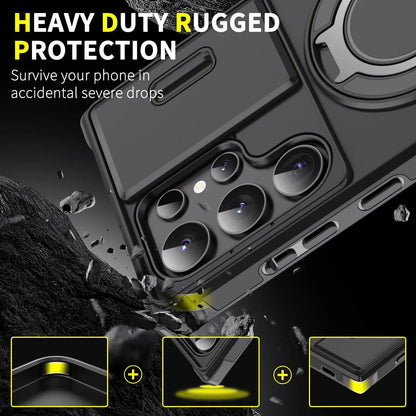 OREKROY Shockproof Magnetic Case with Sliding Camera Lens Protector and Rotating Ring Holder for Samsung Galaxy S21/S22/S23/S24/S25/S26 Ultra