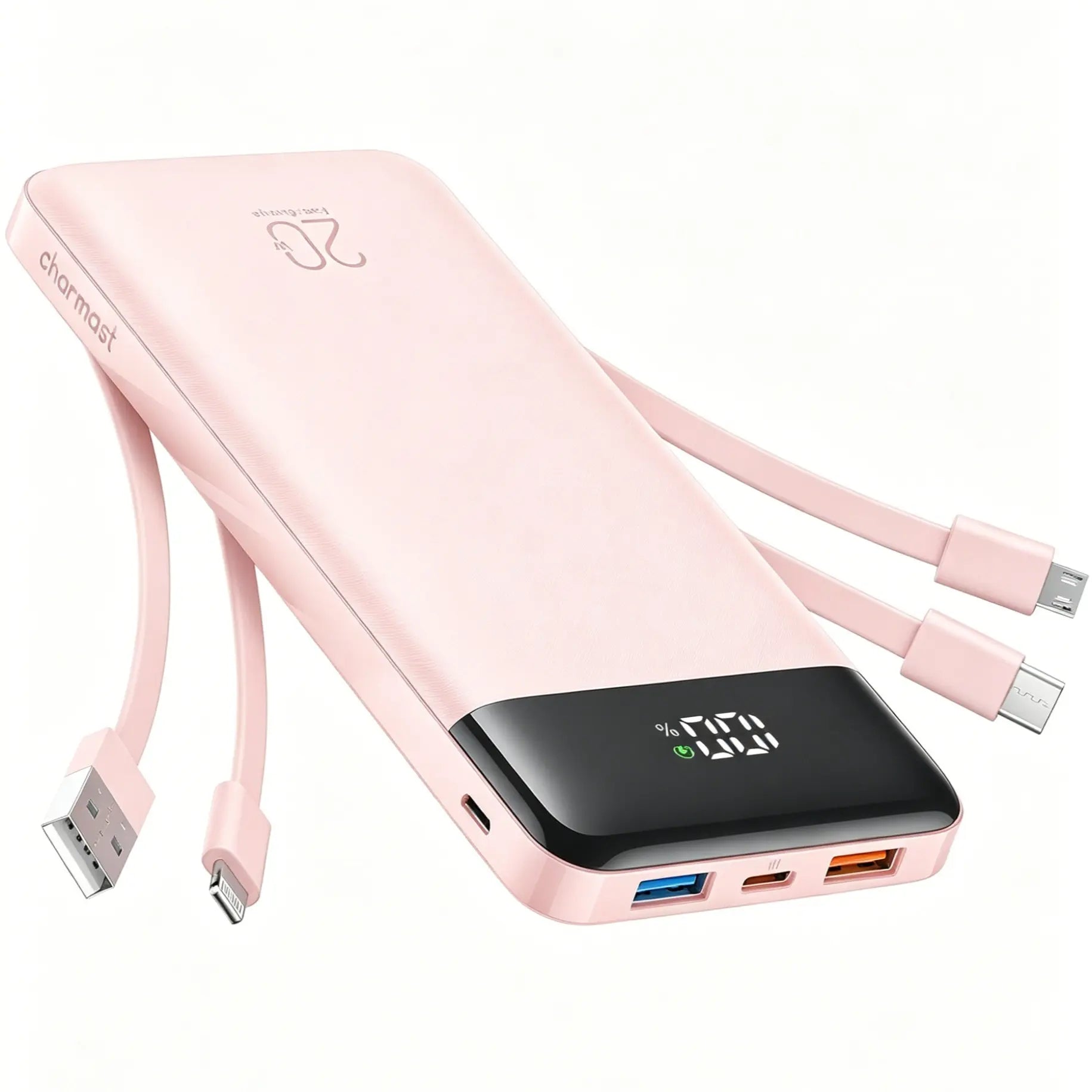 Charmast 20,000mAh Ultra-Slim Power Bank and Portable Charger – 20W Fast Charging with Integrated Cables for Smartphones, Tablets, and USB-C Devices – Travel-Friendly Rechargeable Battery Pack in Black