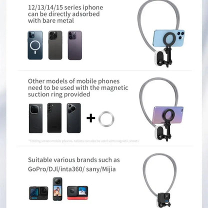 Magnetic Neck Mount - Adjustable Hands-Free Phone Holder for Vlogging, Compatible with iPhone 15/14/13/12 Series