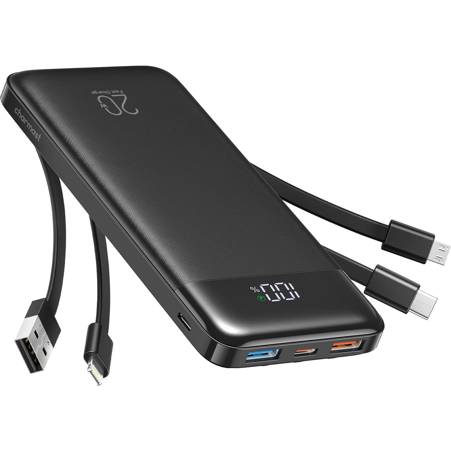 Charmast 20,000mAh Ultra-Slim Power Bank and Portable Charger – 20W Fast Charging with Integrated Cables for Smartphones, Tablets, and USB-C Devices – Travel-Friendly Rechargeable Battery Pack in Black