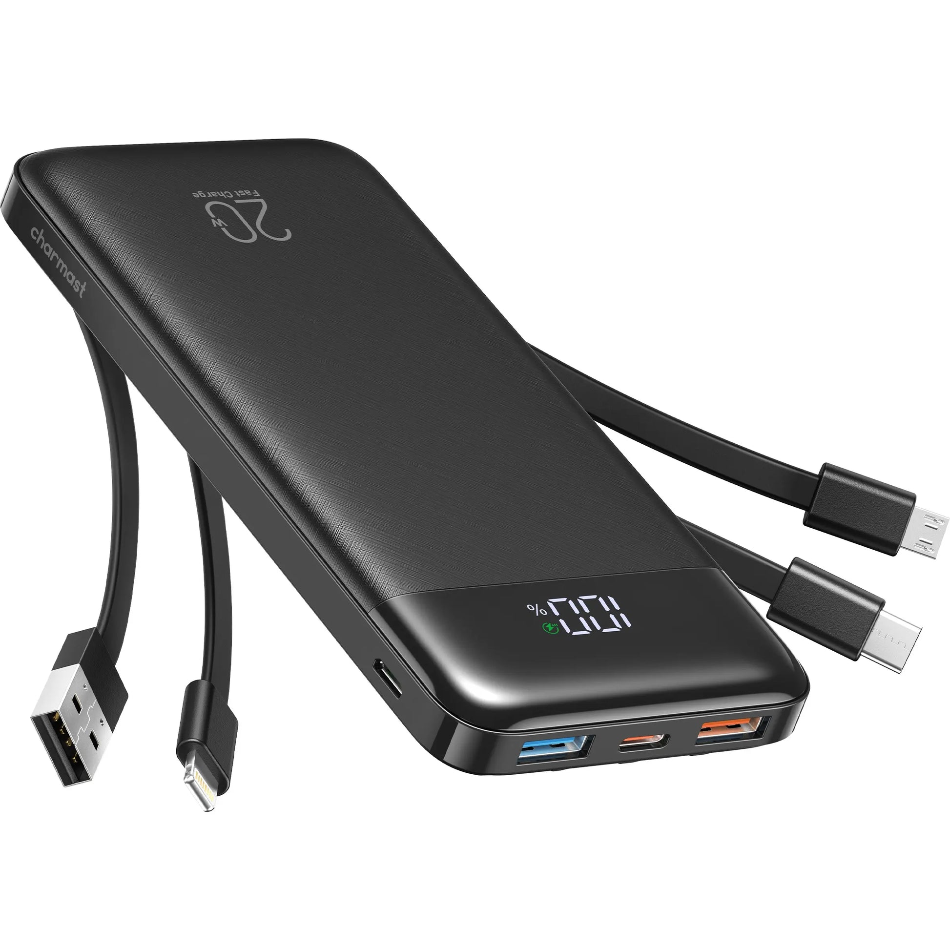 Charmast 20,000mAh Ultra-Slim Power Bank and Portable Charger – 20W Fast Charging with Integrated Cables for Smartphones, Tablets, and USB-C Devices – Travel-Friendly Rechargeable Battery Pack in Black