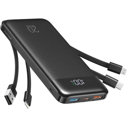 Charmast 20,000mAh Ultra-Slim Power Bank and Portable Charger – 20W Fast Charging with Integrated Cables for Smartphones, Tablets, and USB-C Devices – Travel-Friendly Rechargeable Battery Pack in Black