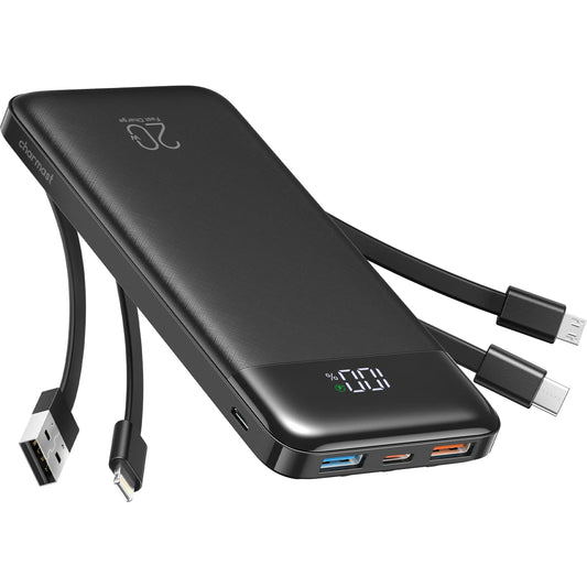 Charmast 20,000mAh Ultra-Slim Power Bank and Portable Charger – 20W Fast Charging with Integrated Cables for Smartphones, Tablets, and USB-C Devices – Travel-Friendly Rechargeable Battery Pack in Black