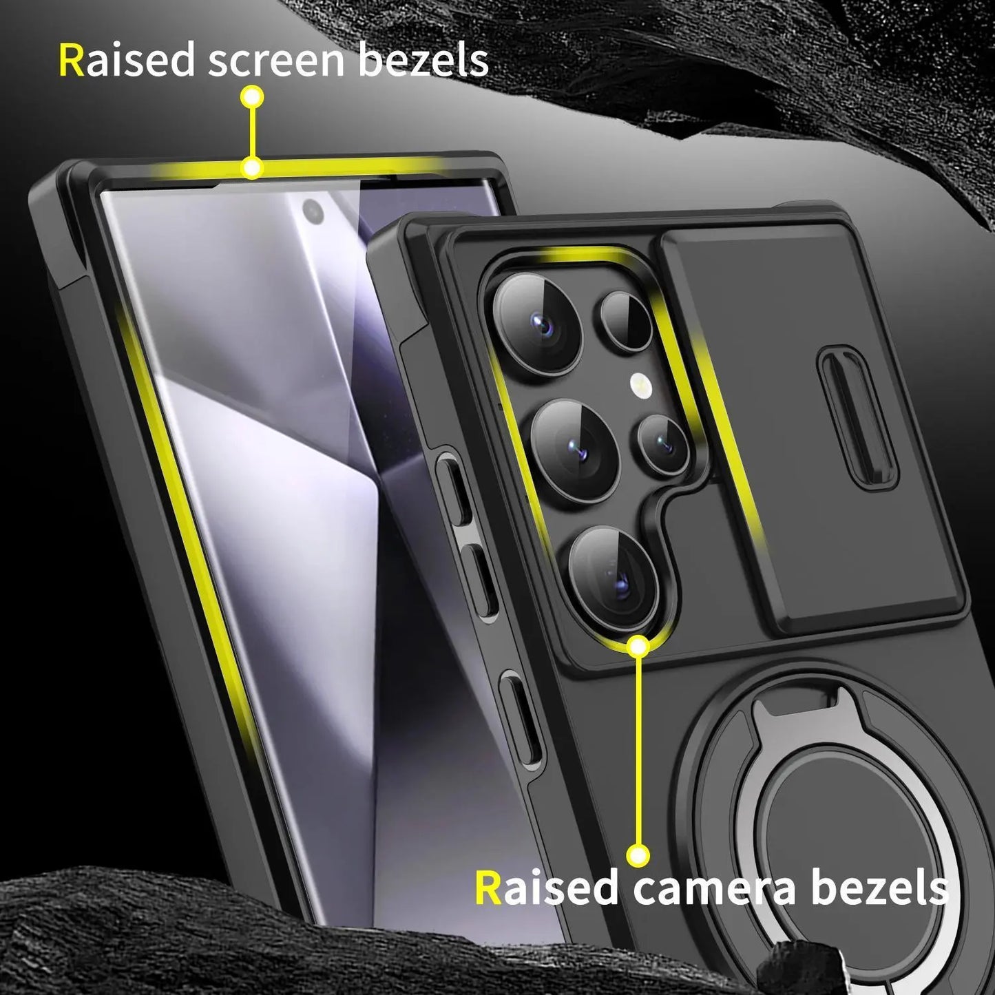 OREKROY Shockproof Magnetic Case with Sliding Camera Lens Protector and Rotating Ring Holder for Samsung Galaxy S21/S22/S23/S24/S25/S26 Ultra