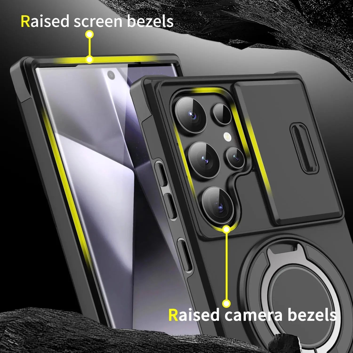 OREKROY Shockproof Magnetic Case with Sliding Camera Lens Protector and Rotating Ring Holder for Samsung Galaxy S21/S22/S23/S24/S25/S26 Ultra