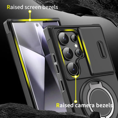 OREKROY Shockproof Magnetic Case with Sliding Camera Lens Protector and Rotating Ring Holder for Samsung Galaxy S21/S22/S23/S24/S25/S26 Ultra