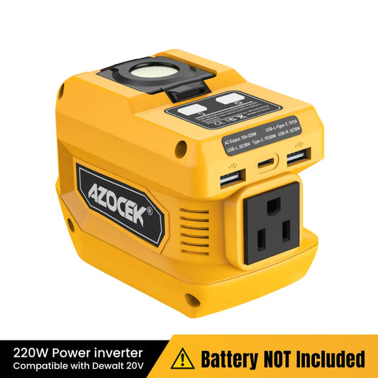 Azocek 220W Power Inverter for Milwaukee 18V & Dewalt 20V Batteries, DC to AC 110V Portable Power Station with AC Outlet, USB & Type-C Fast Charging, 400LM LED Light for Emergency Power & Outdoor Camping [Battery Not Included] Outdoorfun