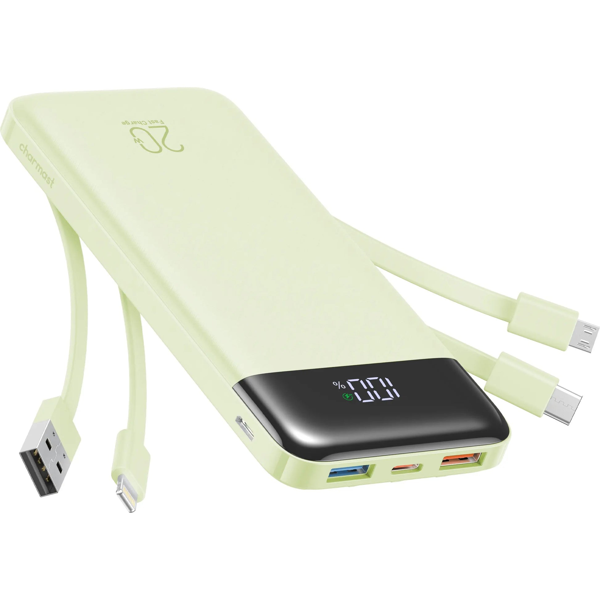Charmast 20,000mAh Ultra-Slim Power Bank and Portable Charger – 20W Fast Charging with Integrated Cables for Smartphones, Tablets, and USB-C Devices – Travel-Friendly Rechargeable Battery Pack in Black