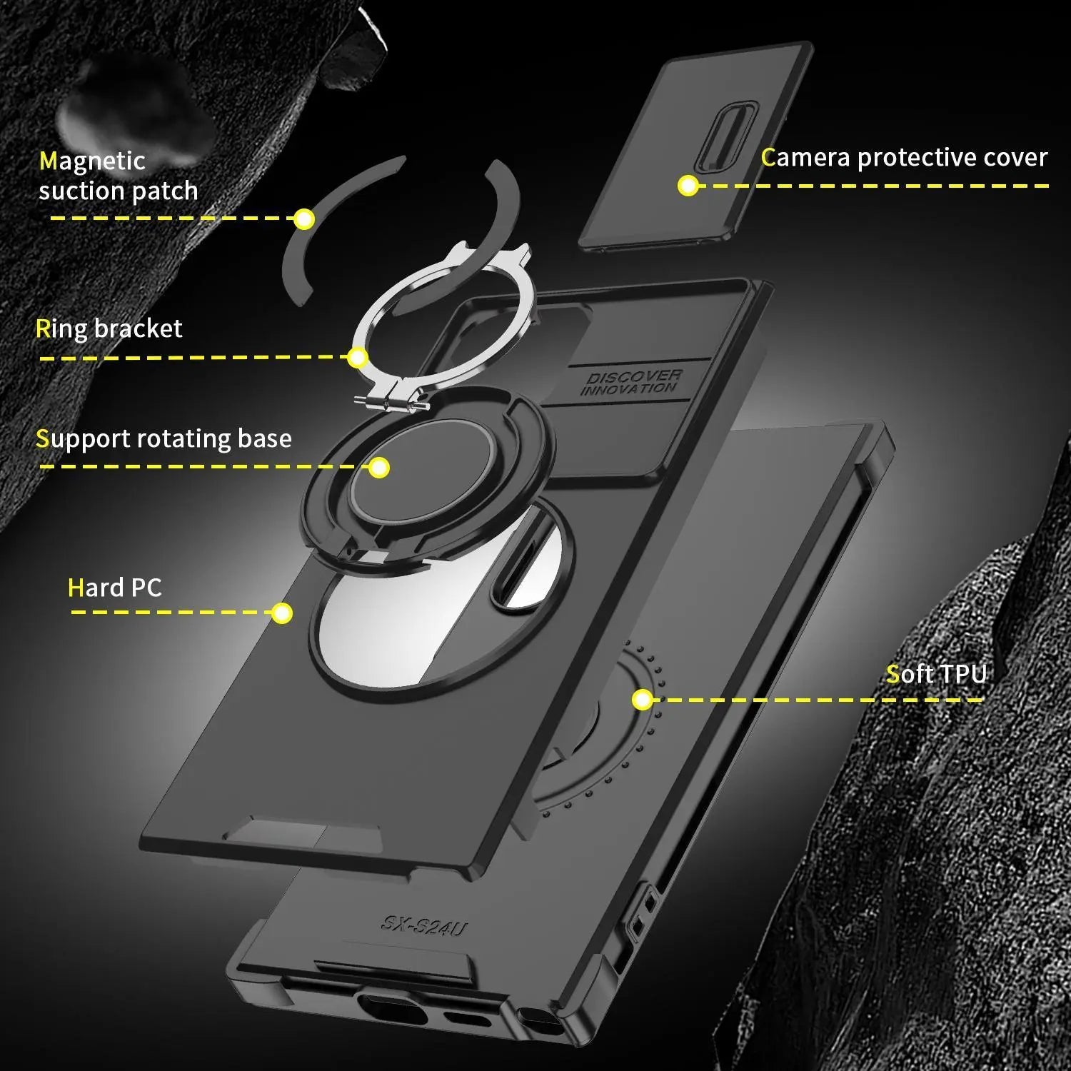 OREKROY Shockproof Magnetic Case with Sliding Camera Lens Protector and Rotating Ring Holder for Samsung Galaxy S21/S22/S23/S24/S25/S26 Ultra