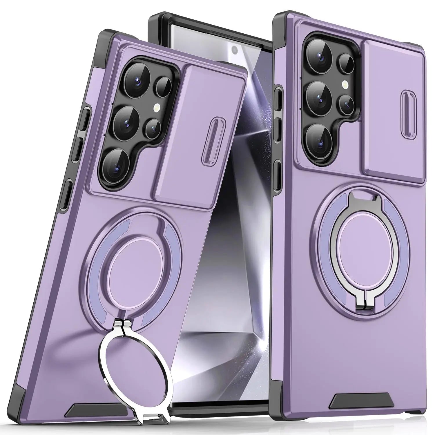 OREKROY Shockproof Magnetic Case with Sliding Camera Lens Protector and Rotating Ring Holder for Samsung Galaxy S21/S22/S23/S24/S25/S26 Ultra