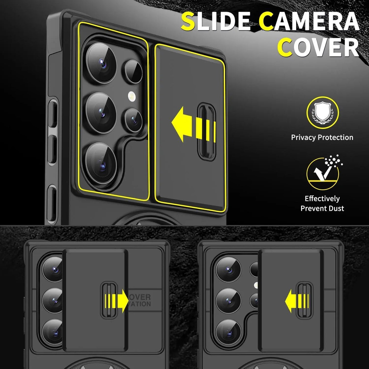 OREKROY Shockproof Magnetic Case with Sliding Camera Lens Protector and Rotating Ring Holder for Samsung Galaxy S21/S22/S23/S24/S25/S26 Ultra