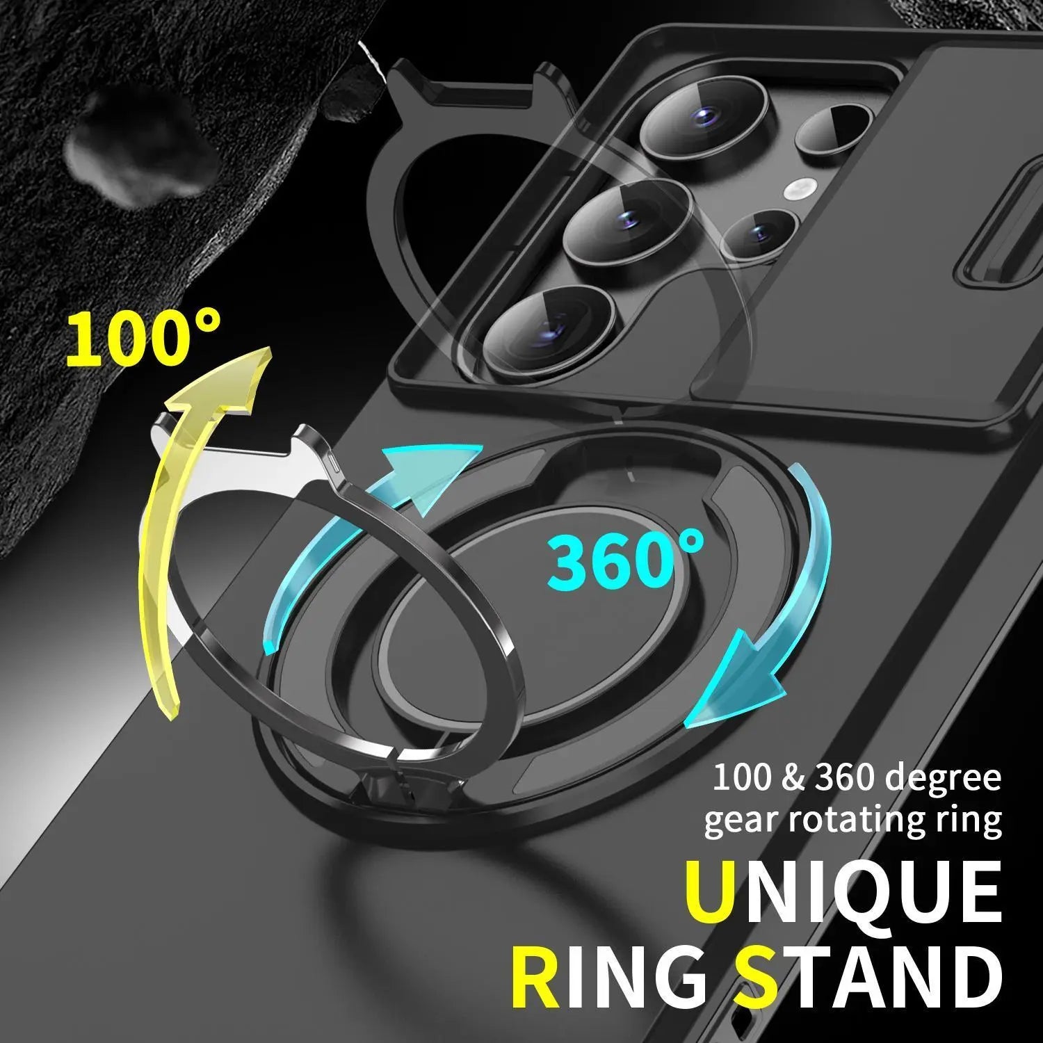 OREKROY Shockproof Magnetic Case with Sliding Camera Lens Protector and Rotating Ring Holder for Samsung Galaxy S21/S22/S23/S24/S25/S26 Ultra