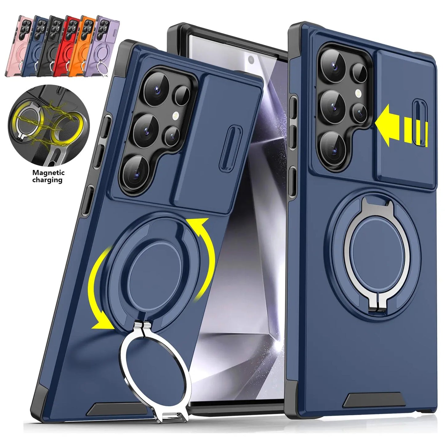 OREKROY Shockproof Magnetic Case with Sliding Camera Lens Protector and Rotating Ring Holder for Samsung Galaxy S21/S22/S23/S24/S25/S26 Ultra