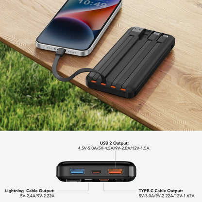 Charmast 20,000mAh Ultra-Slim Power Bank and Portable Charger – 20W Fast Charging with Integrated Cables for Smartphones, Tablets, and USB-C Devices – Travel-Friendly Rechargeable Battery Pack in Black