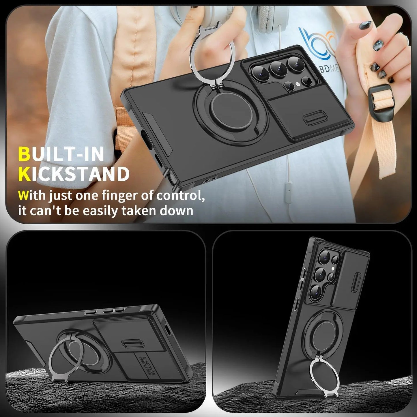 OREKROY Shockproof Magnetic Case with Sliding Camera Lens Protector and Rotating Ring Holder for Samsung Galaxy S21/S22/S23/S24/S25/S26 Ultra