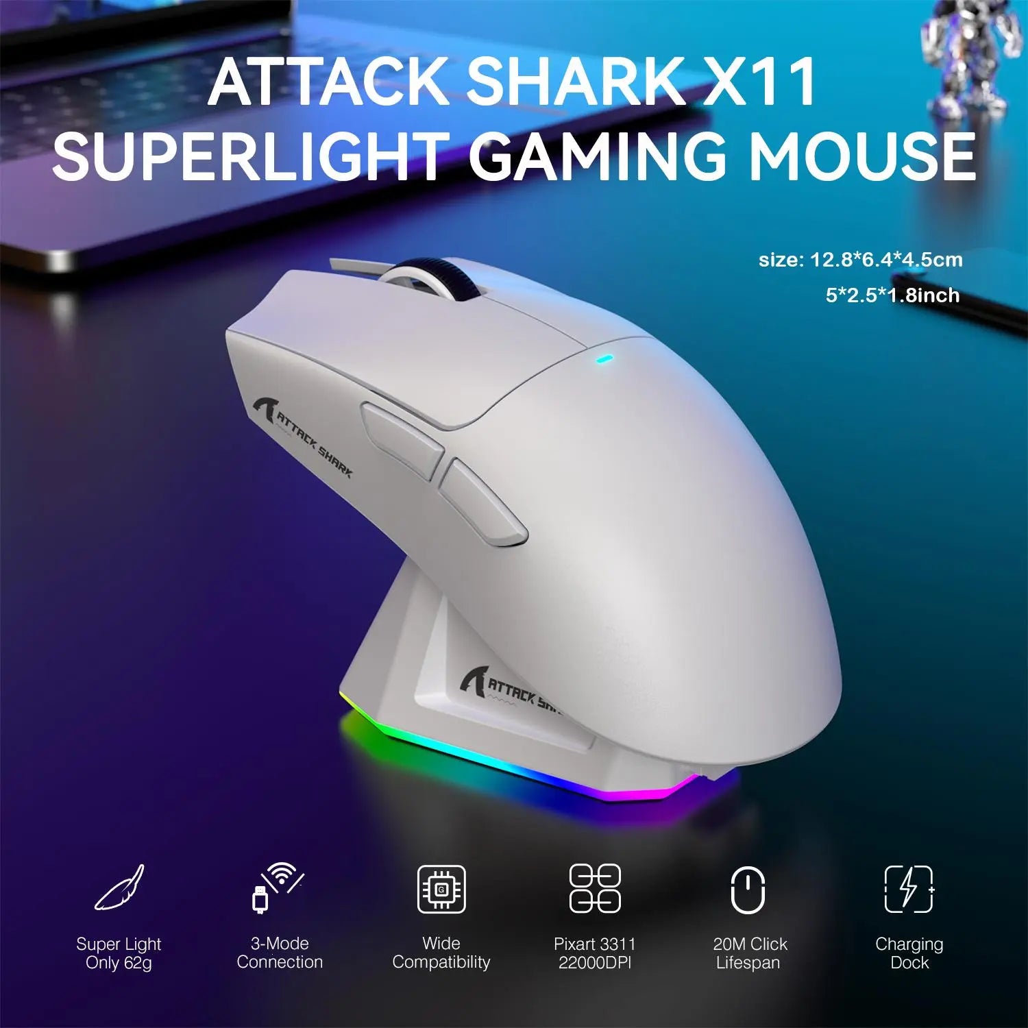 ATTACK SHARK X11 Wireless Gaming Mouse - Rechargeable RGB Lighting with Charging Base, Optical Sensor for Gaming and Office Use, Premium Gaming Accessory