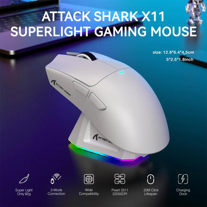 ATTACK SHARK X11 Wireless Gaming Mouse - Rechargeable RGB Lighting with Charging Base, Optical Sensor for Gaming and Office Use, Premium Gaming Accessory