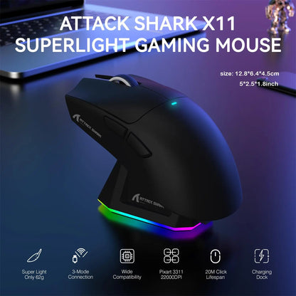 ATTACK SHARK X11 Wireless Gaming Mouse - Rechargeable RGB Lighting with Charging Base, Optical Sensor for Gaming and Office Use, Premium Gaming Accessory