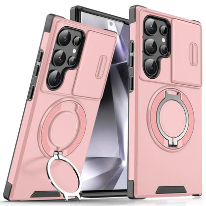 OREKROY Shockproof Magnetic Case with Sliding Camera Lens Protector and Rotating Ring Holder for Samsung Galaxy S21/S22/S23/S24/S25/S26 Ultra