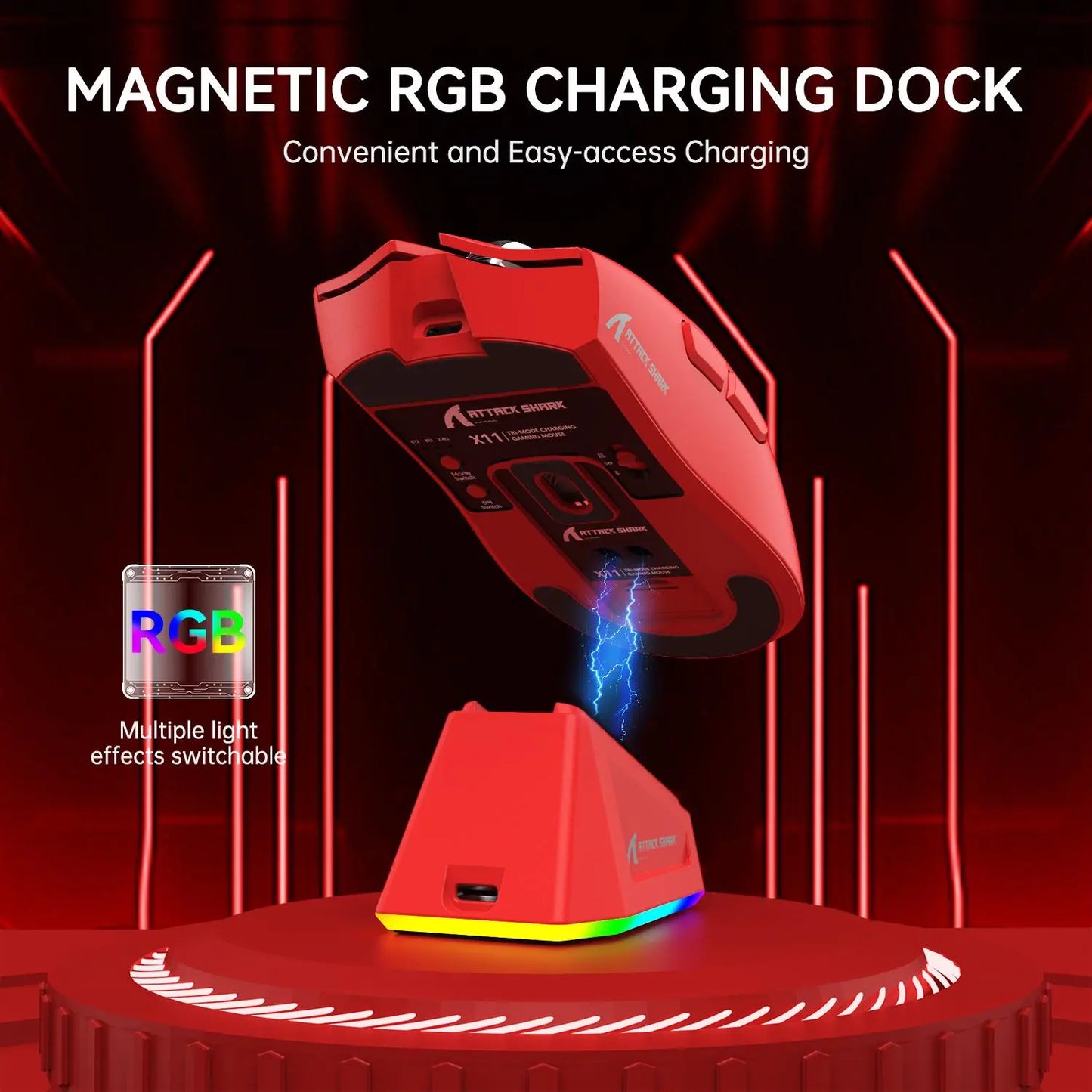 ATTACK SHARK X11 Wireless Gaming Mouse - Rechargeable RGB Lighting with Charging Base, Optical Sensor for Gaming and Office Use, Premium Gaming Accessory