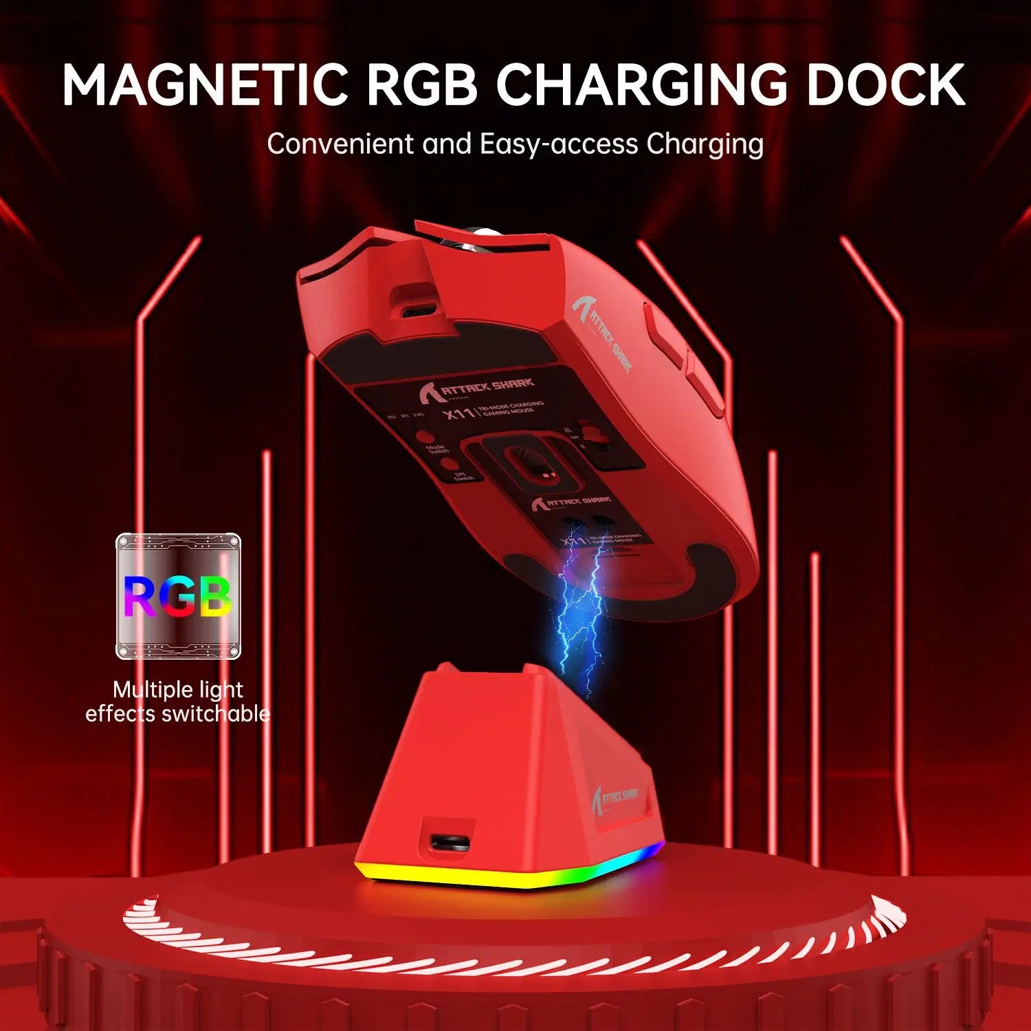 ATTACK SHARK X11 Wireless Gaming Mouse - Rechargeable RGB Lighting with Charging Base, Optical Sensor for Gaming and Office Use, Premium Gaming Accessory