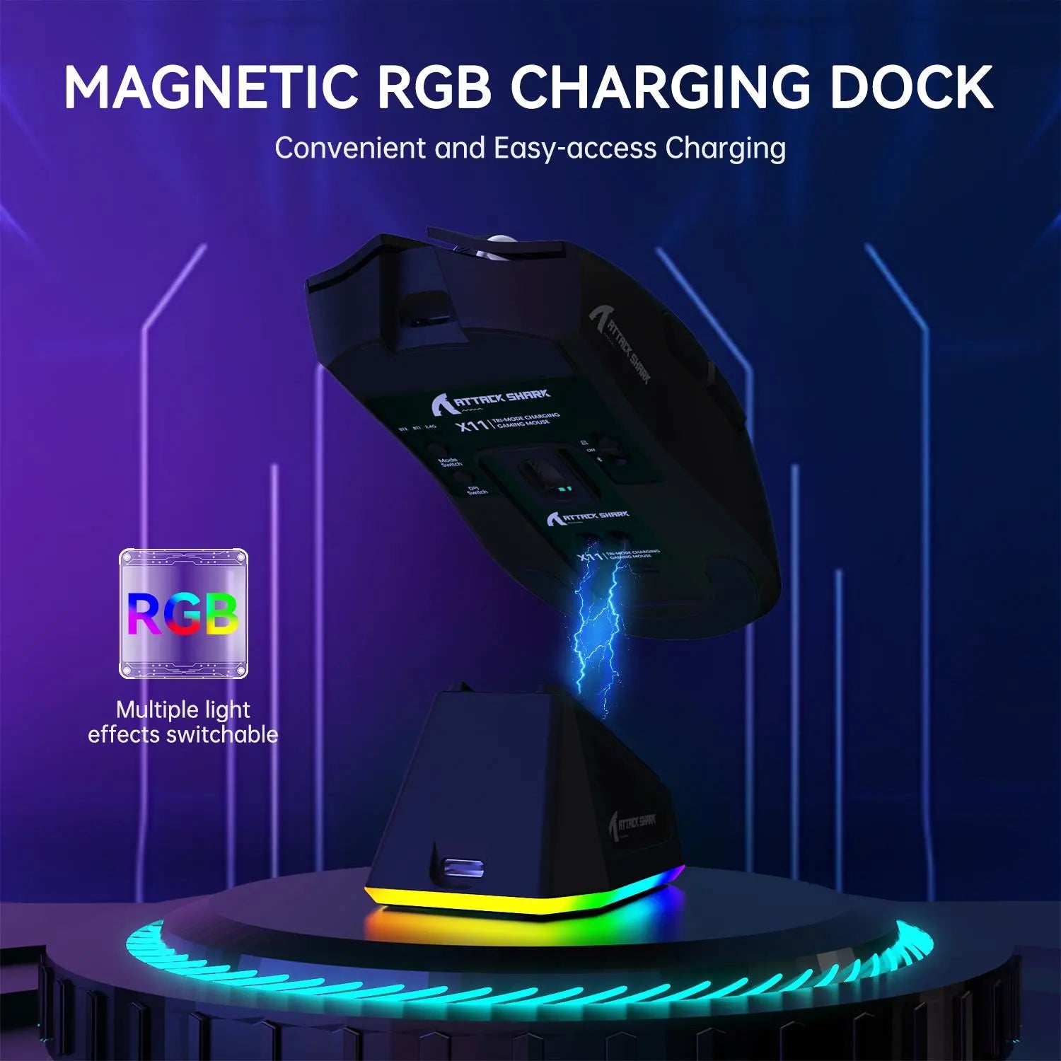ATTACK SHARK X11 Wireless Gaming Mouse - Rechargeable RGB Lighting with Charging Base, Optical Sensor for Gaming and Office Use, Premium Gaming Accessory