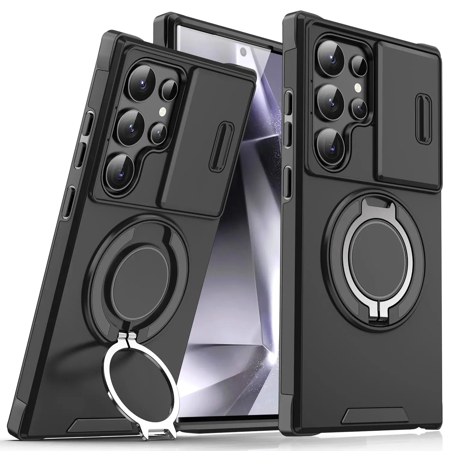 OREKROY Shockproof Magnetic Case with Sliding Camera Lens Protector and Rotating Ring Holder for Samsung Galaxy S21/S22/S23/S24/S25/S26 Ultra