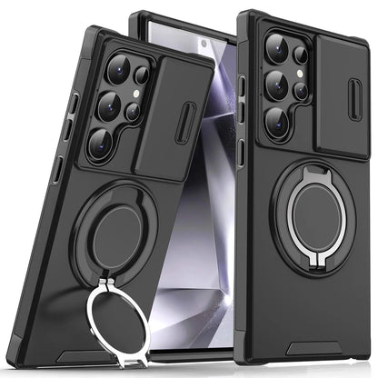 OREKROY Shockproof Magnetic Case with Sliding Camera Lens Protector and Rotating Ring Holder for Samsung Galaxy S21/S22/S23/S24/S25/S26 Ultra