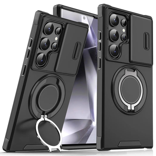 OREKROY Shockproof Magnetic Case with Sliding Camera Lens Protector and Rotating Ring Holder for Samsung Galaxy S21/S22/S23/S24/S25/S26 Ultra