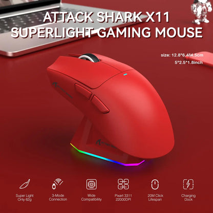 ATTACK SHARK X11 Wireless Gaming Mouse - Rechargeable RGB Lighting with Charging Base, Optical Sensor for Gaming and Office Use, Premium Gaming Accessory